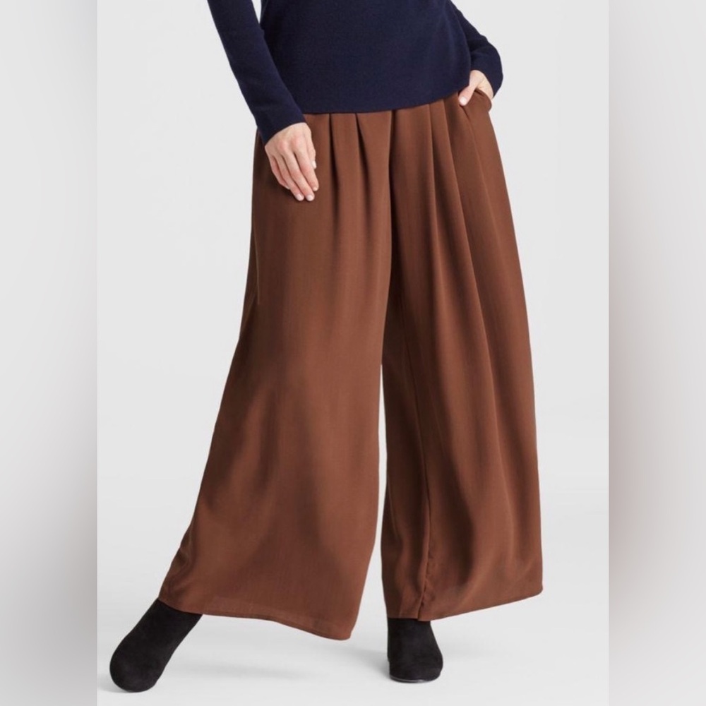 New Eileen Fisher 100% Silk Georgette Crepe Brown/Nutmeg Wide Leg Pant size 10